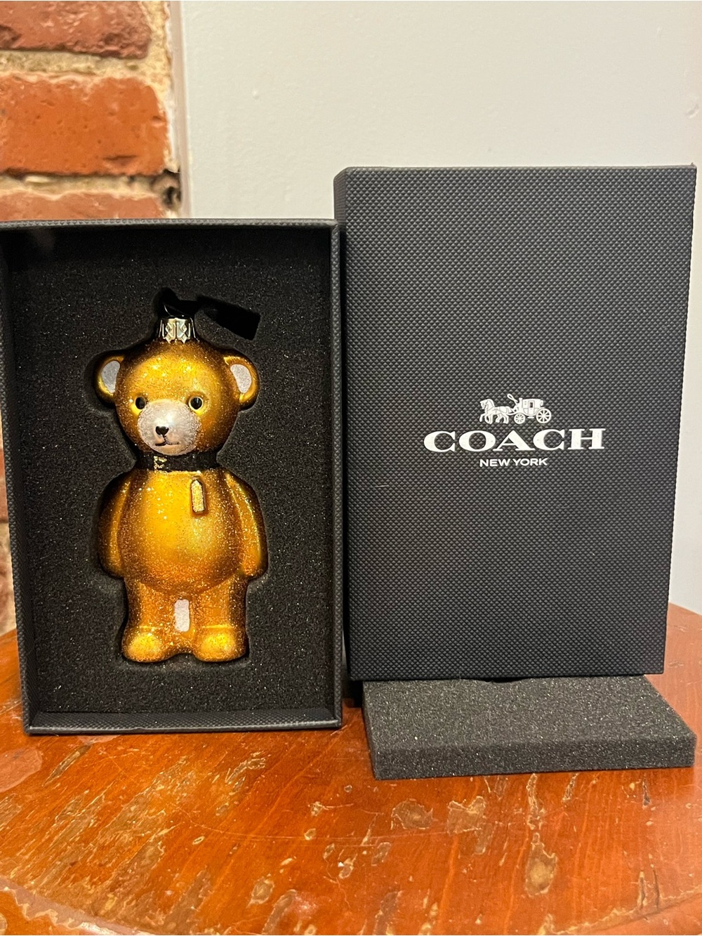 NIB Coach Glass Bear Ornament Gold Glitter Holiday Christmas Figurine Box CCD51